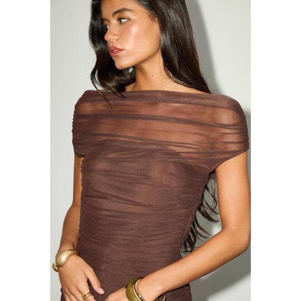 Lulus Sunama Brown Mesh Ruched Bodycon Midi Dress - Size XS